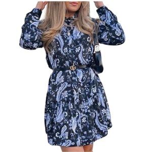 ZARA PRINTED SHIRT FLOUNCED DRESS BLUE BLACK PAISLEY PRINT LONG SLEEVES SZ S